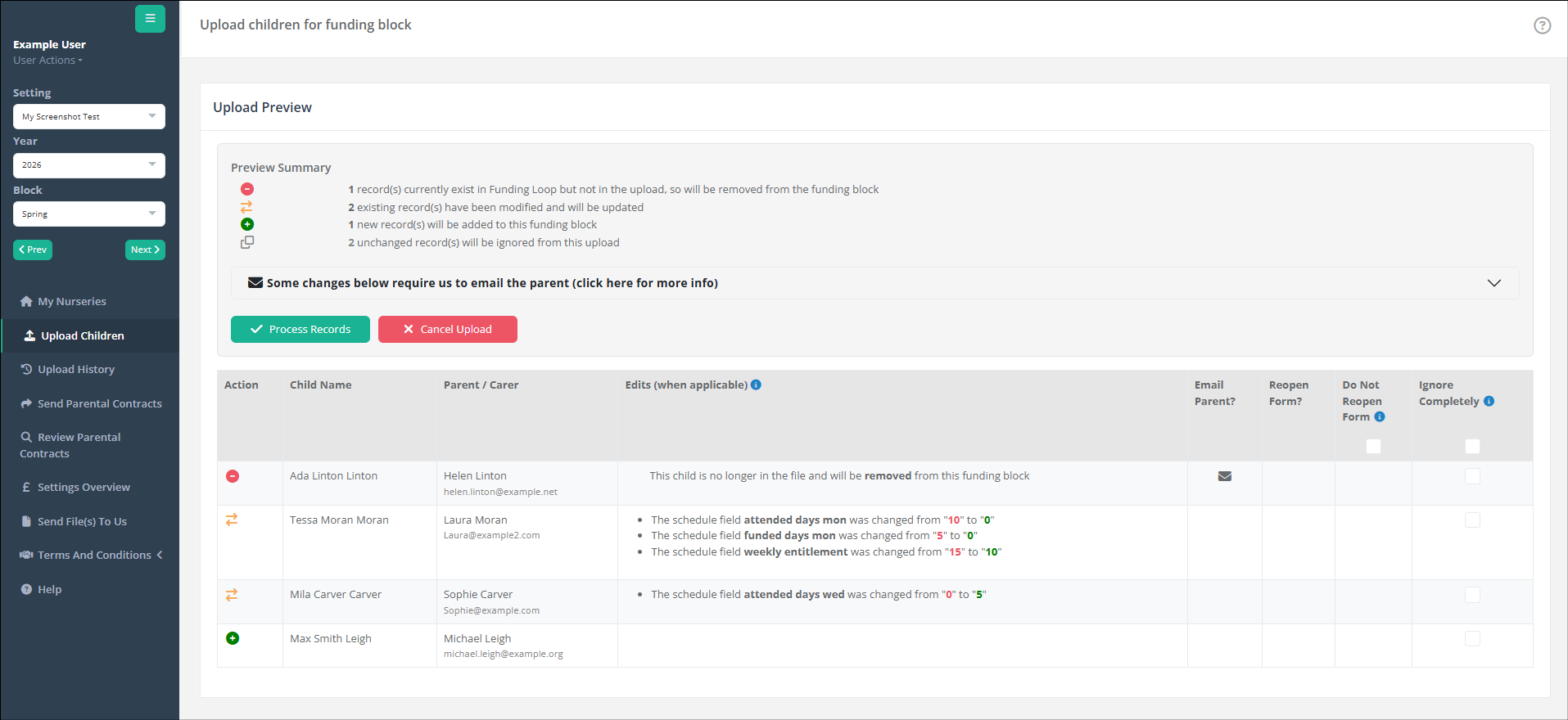 Funding Loop preview summary highlighting which records will be added, updated, removed or ignored