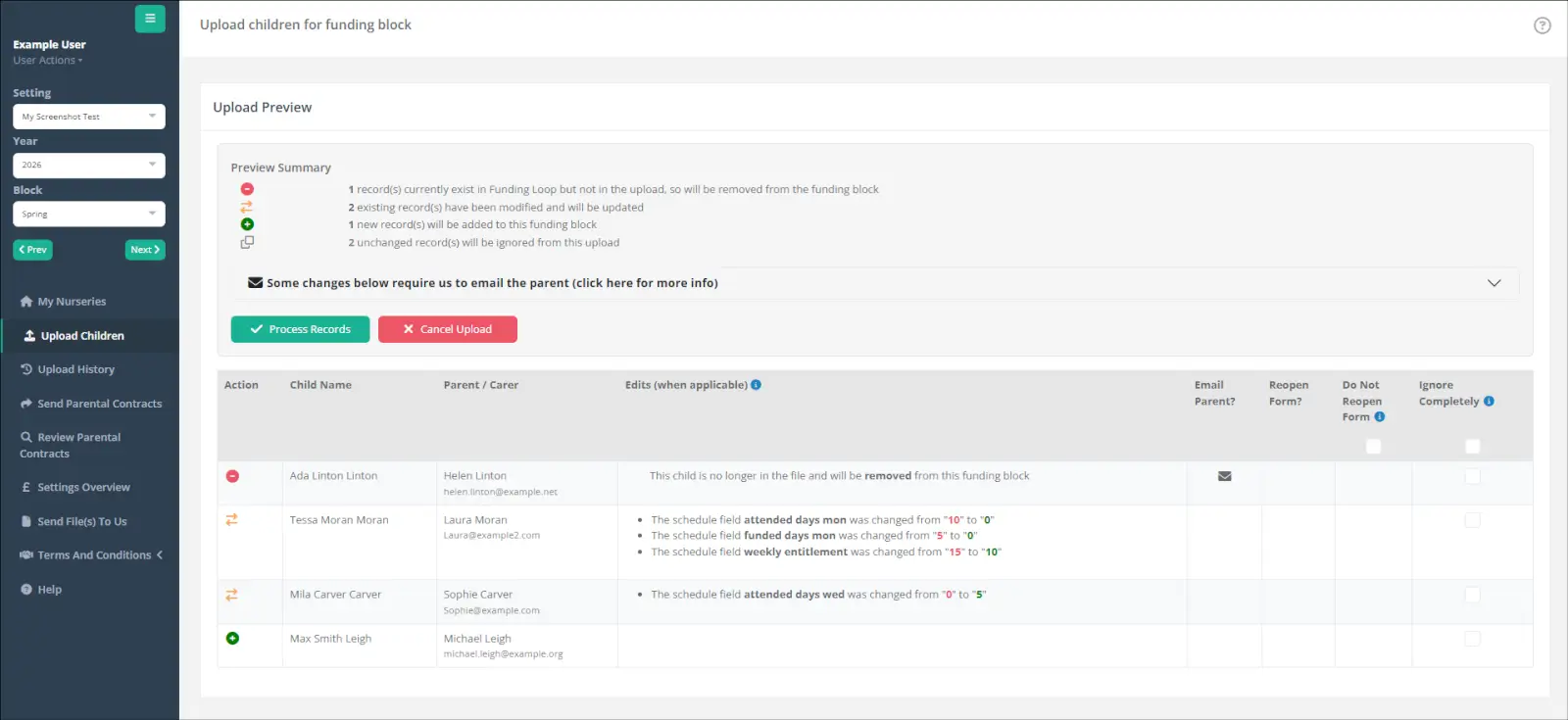 Funding Loop preview summary highlighting which records will be added, updated, removed or ignored
