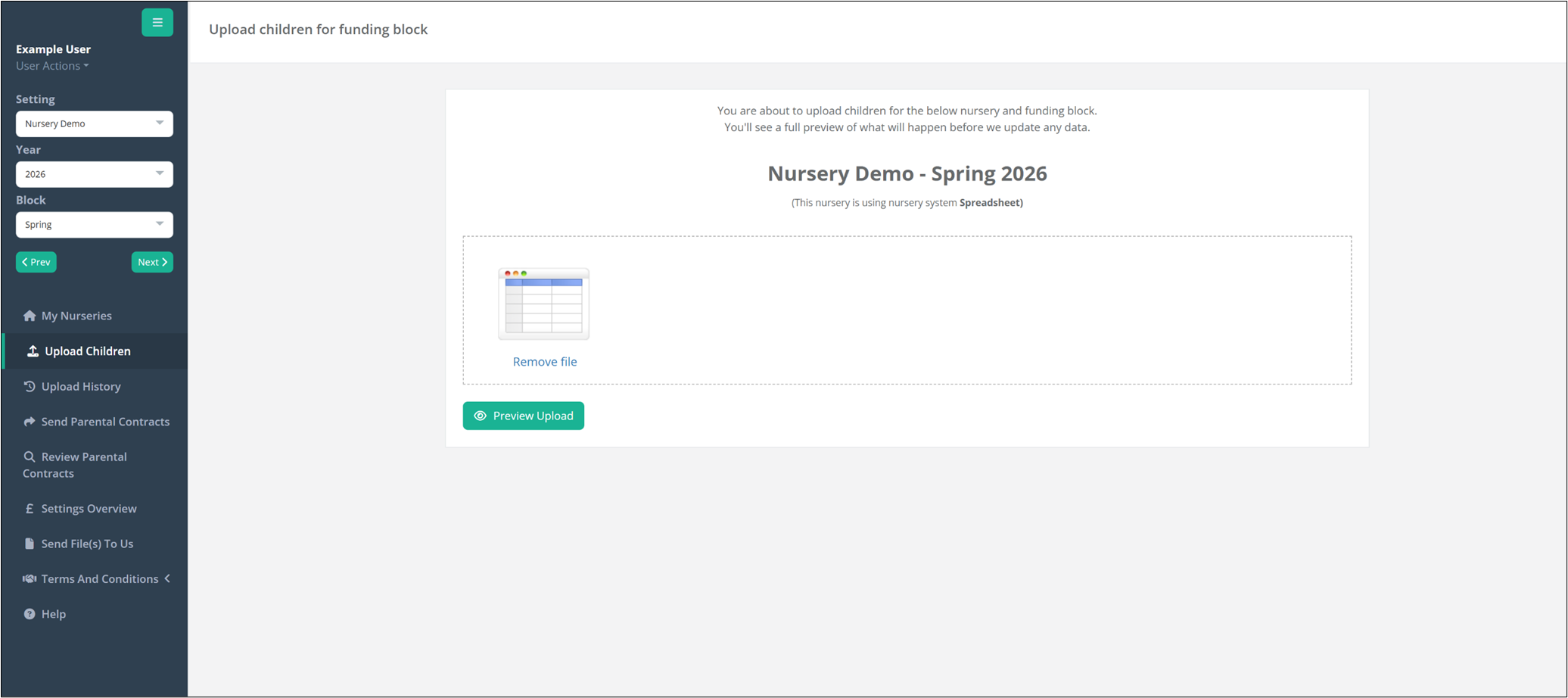 Funding Loop upload screen with an exported nursery management file ready to process