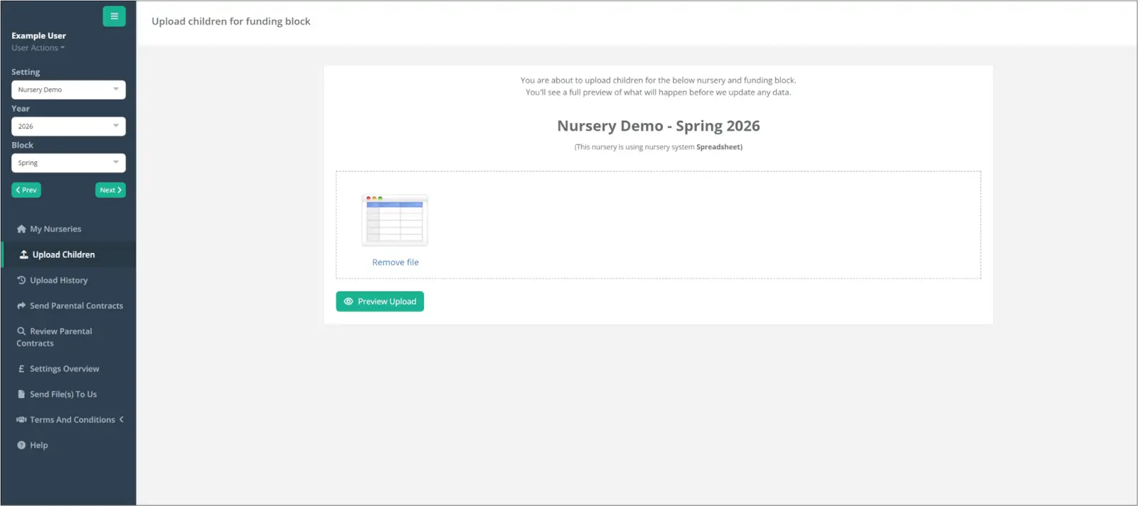 Funding Loop upload screen with an exported nursery management file ready to process