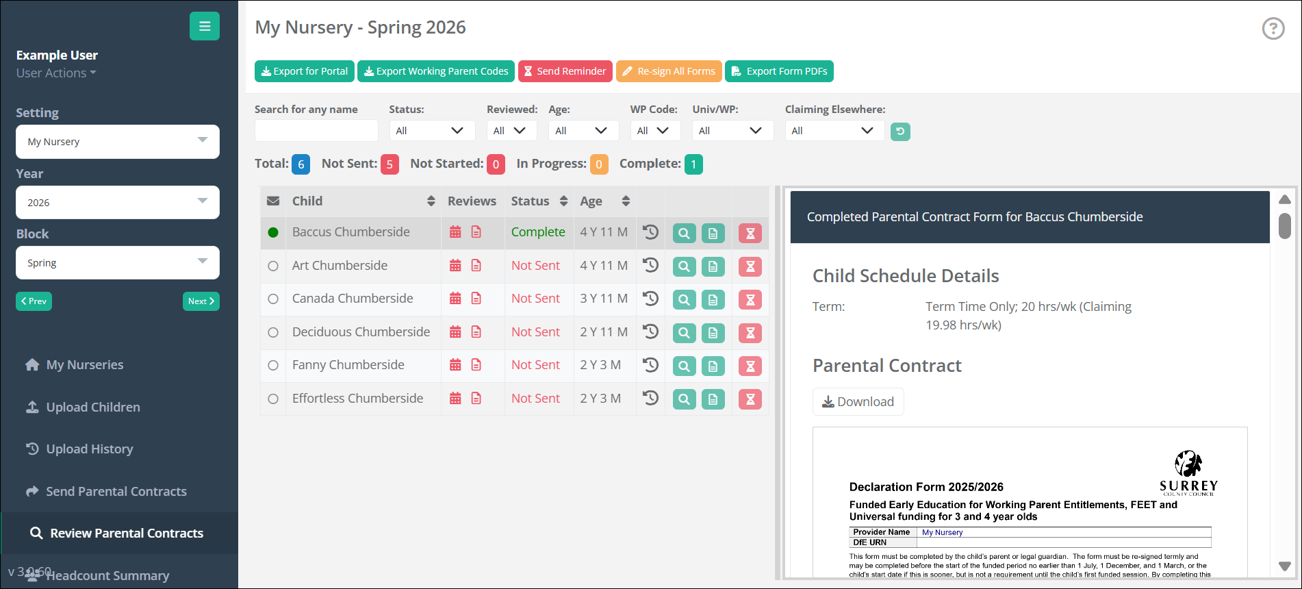 Funding Loop dashboard showing the live status of every parental declaration with one-click reminders