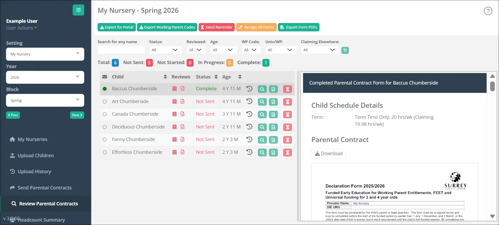 Funding Loop dashboard showing the live status of every parental declaration with one-click reminders